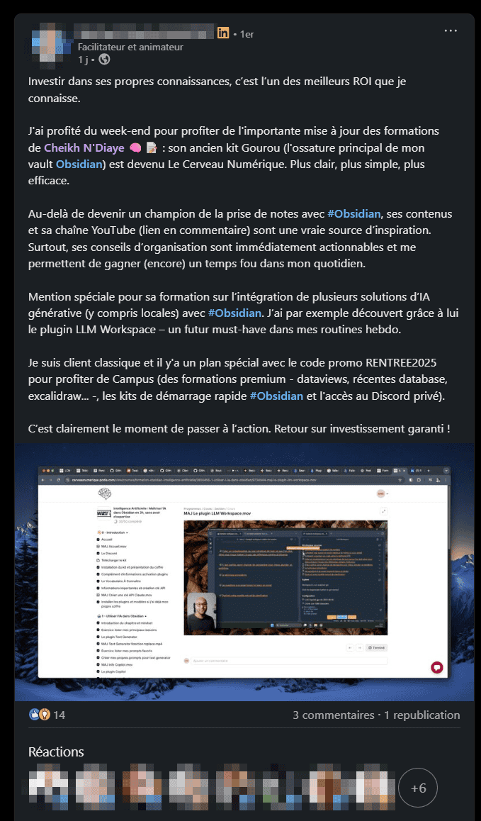 Avis LinkedIn sur une formation Obsidian de Cheikh N'Diaye