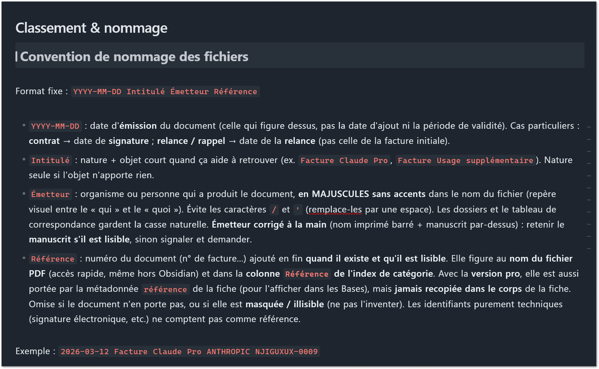 Règles de classement et de nommage des documents déjà définies dans le kit