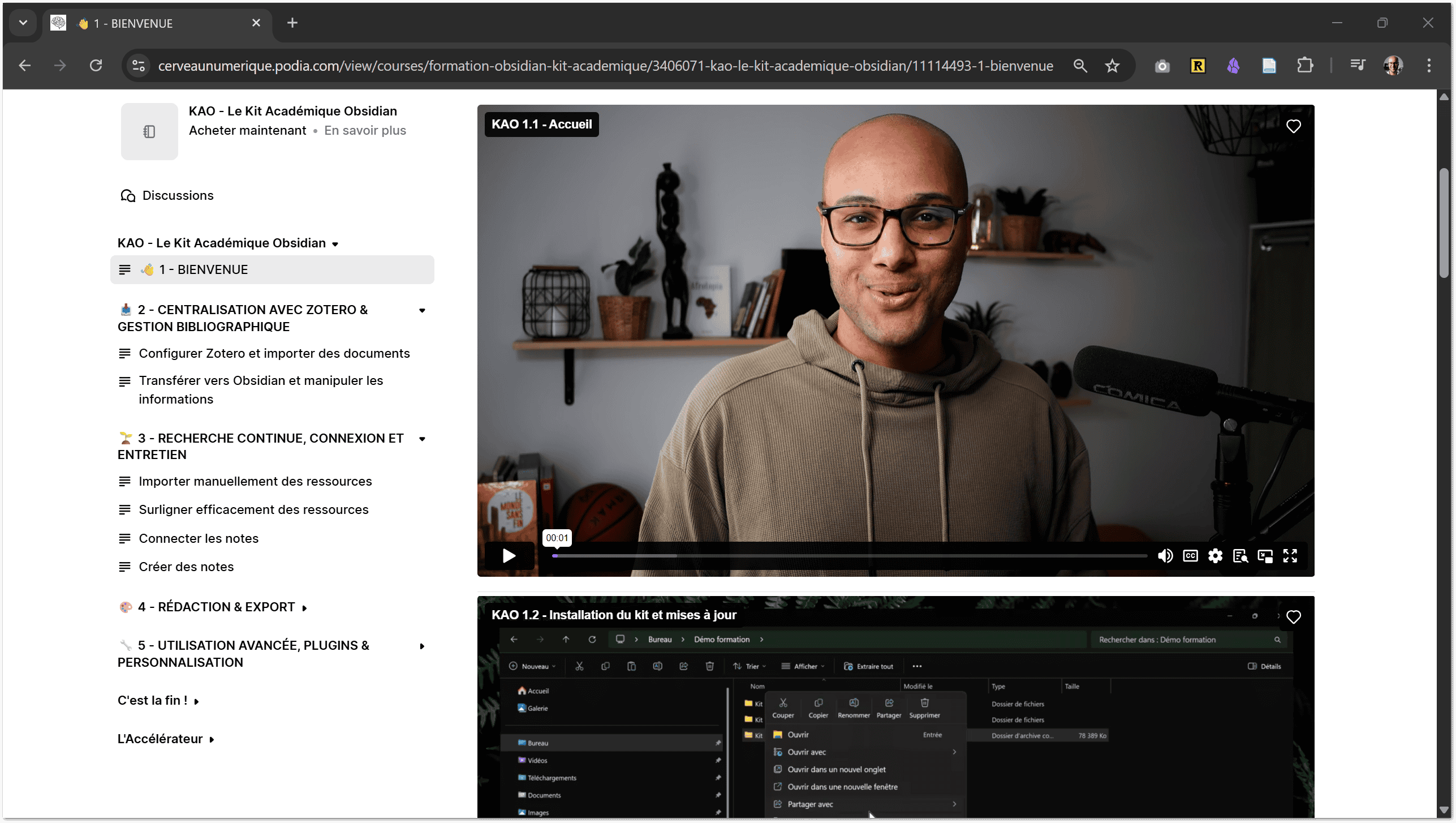Aperçu de la page de la formation Kit Académique Obsidian